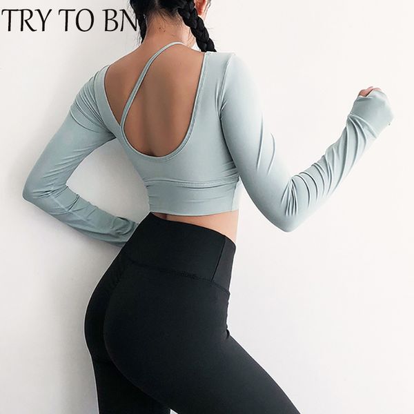 

try to bn female t-shirt high elasticity quick drying crop breathable open back o-neck camisas mujer slim fit, White