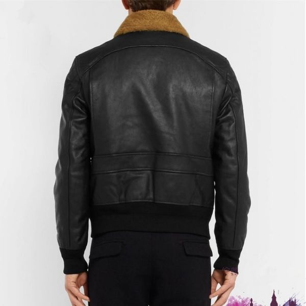 

brand men horsehide real leather bomber jacket cotton padded sheep fur collar coats slim motociclista genuine leather jacket, Black