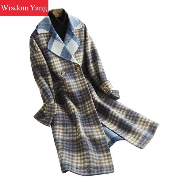 

winter warm coat blue plaid sheep wool alpaca cashmere coats womens 2018 pockets oversize elegant lady woolen overcoat outerwear, Black