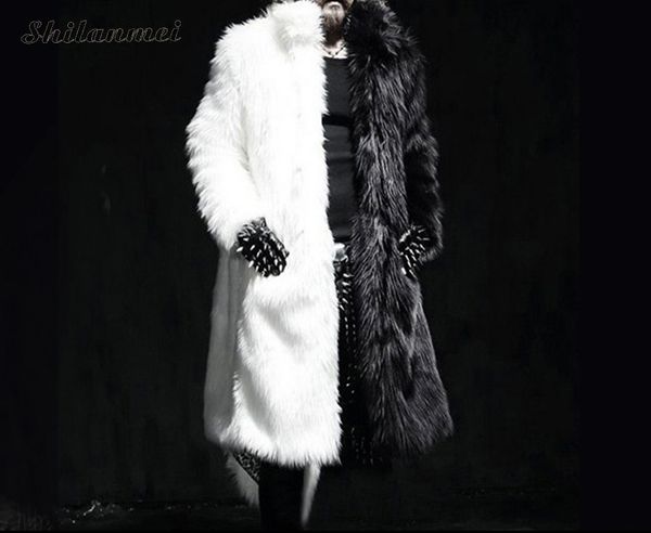 

winter men long faux fur coat 2018 warm thick fur jacket black/white contrast color outerwear casual parka coat