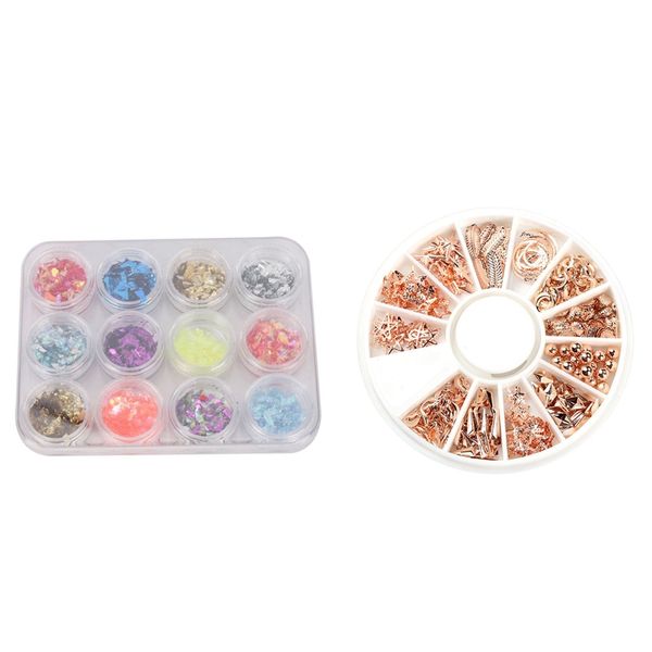 

24 pcs nail art decoration diy accessory: 12 pcs rose gold studs shell beads alloy 3d manicure & 12 colors acrylic uv gel