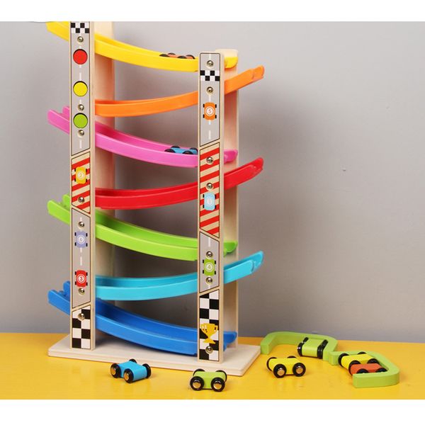 

wooden 7-layer ramp race track & 8 mini inertia car sliding toy vehicel&train baby toddler motor skill developmental kids gift