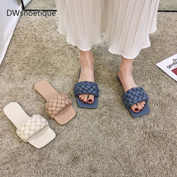 

slippers woven square toe women slides rubber sole slip on summer, Black