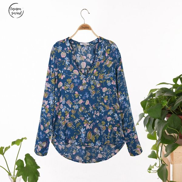 

новая мода блузки дамы элегантные рубашки цветочные печати v шеи длинным рукавом ol винтажная вскользь тонкий tops, White