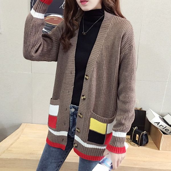 

loose casual geometric pattern long sweater coat women's fashion new v-neck long sleeve knit cardigan, White