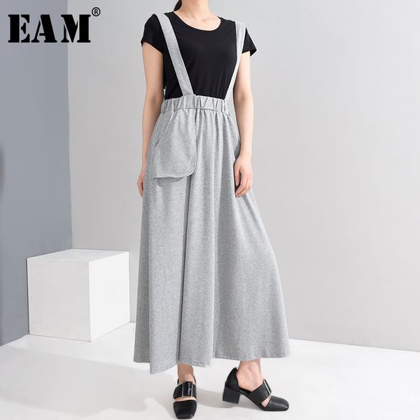 

eam] high waist gray brief pocket split joint long strap half-body skirt women fashion tide new spring autumn 2020 1w18502, Black