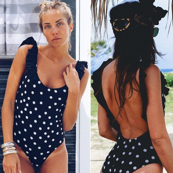 

2019 ruffle one piece swimsuit women swimwear polka dot swimsuits slimming beachwear backless female monokinis solid bodysuit, White;black