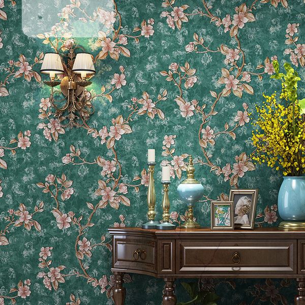 

good quality 3d european style wallpaper flower luxury non-woven fabric american pastoral small floral bedroom living room peacock green