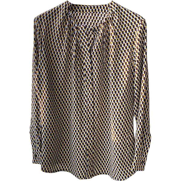 

100% silk brand fashion women high-end luxury autumn vintage art atmosphere geometric pattern silk long-sleeved shirt top, White