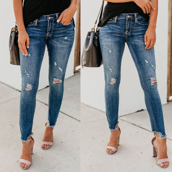 Sexy womens jeans jeans jeans rasgado buraco calça alta cintura estiramento fino fit lápis calças calças venda quente