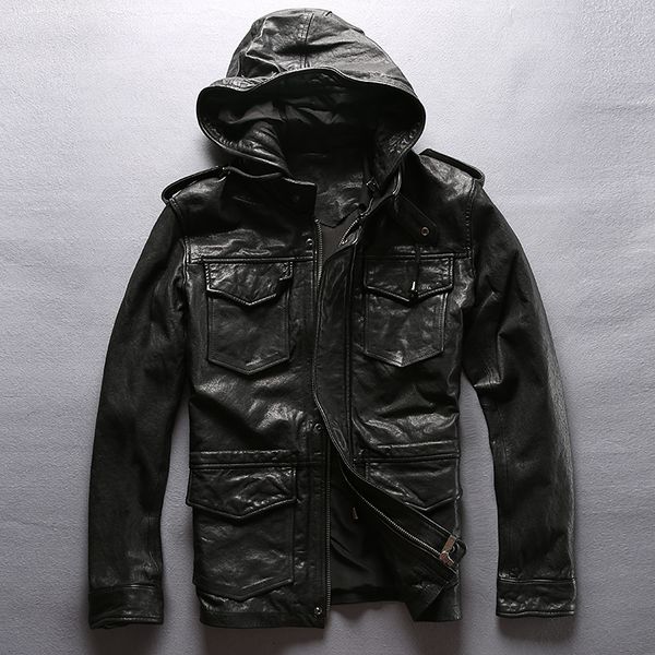 

men's hooded leather jacket black vegetable tanned sheepskin pockets genuine leather jacket men autumn coat with hat