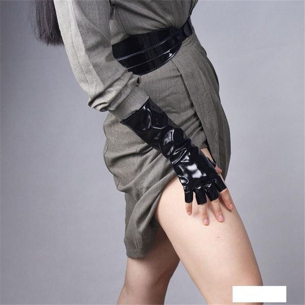 

28cm patent leather half finger gloves medium and long section emulation leather mirror bright leather fingerless mittens wpu91, Blue;gray