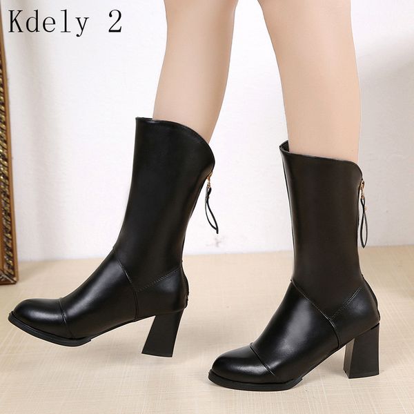 

autumn winter women high heels snow boots shoes women pu leather black round toe platform zipper pumps mid-calf boots mujer