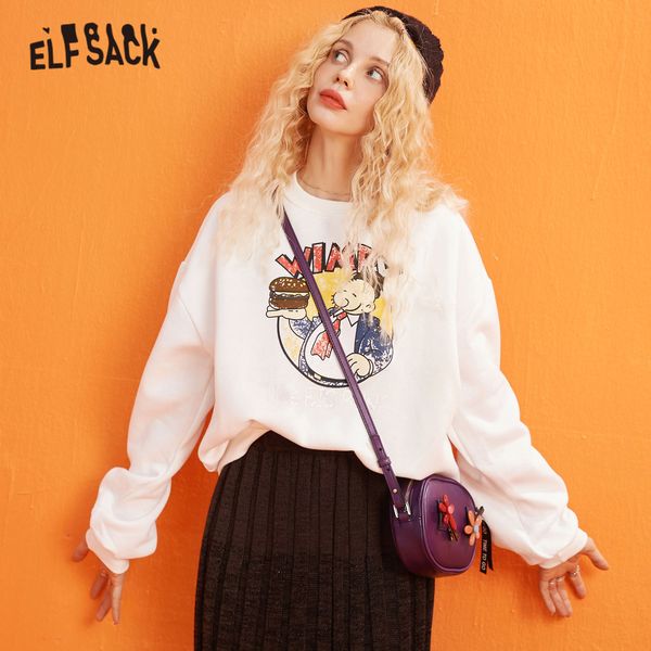 

elfsack white solid cartoon print casual pullover sweatshirt women 2020 winter long sleeve korean loose ladies basic daily, Black