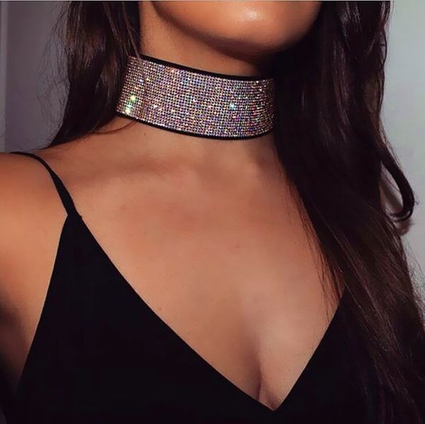 

shiny colorful rhinestone choker necklace for women nightclub party trendy jewelry collar neck statement necklace, Golden;silver