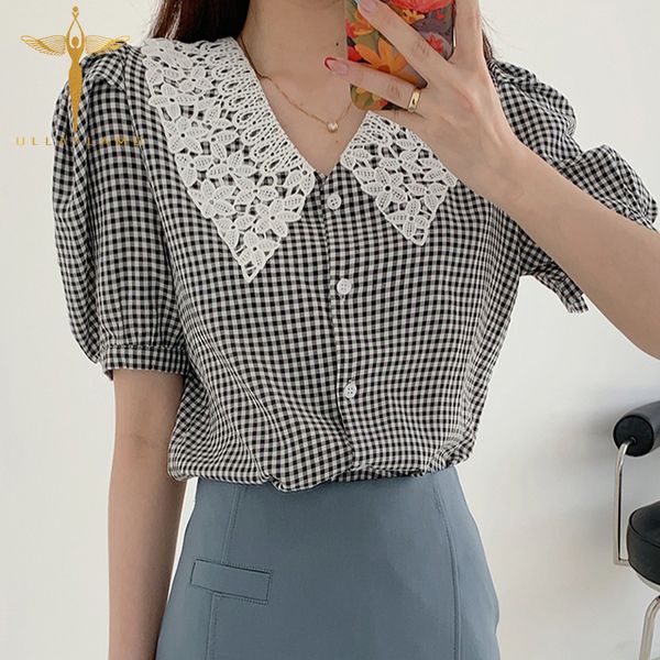 

plaid blouse women korean lace peter pan collar short sleeve shirts ladies blusa shirts fashion casual female clothing, White