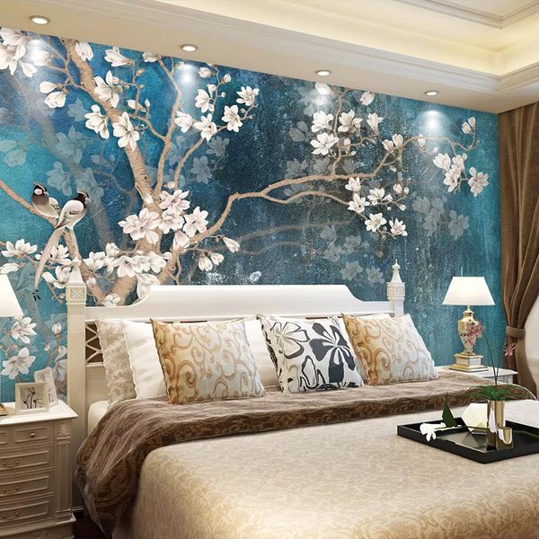 

custom 3d wall murals wallpaper nordic blue vintage hand painted flowers birds oil painting wall paper bedroom mural de parede