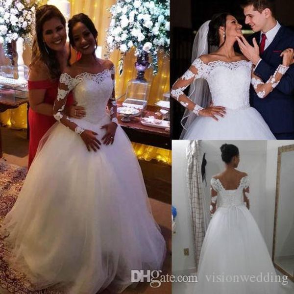 

vestido de novia long sleeve princess wedding dresses off shoulder tulle applique lace robe de mariage plus size bridal gowns wedding dress, White