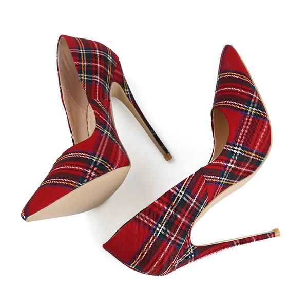 

big size 33-45 stiletto heels women pumps red pointed plaid shoes women shallow high thin heels 2020 party wedding shoes, Black