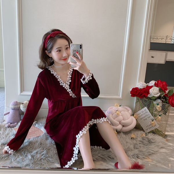 

flannel nightgowns women nightwear sleepwear velvet thick nightdress 2019 new nightshirts winter warm sleep lounge home dress, Black;red