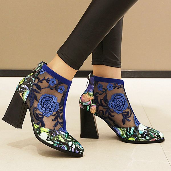 

coolulu 2020 summer ankle booties pointed toe zipper all match mesh embroider booties ladies shoes multicolor shoes size 33-43, Black