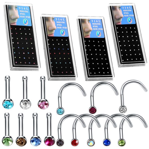 

40pcs/lot stainless steel 2mm cute small nose bone studs cz gem nose piercing rings de nariz screw piercing fashion jewelry, Slivery;golden