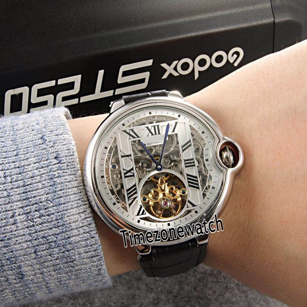 

new 42mm steel case silver skeleton dial automatic big tourbillon mens watch black leather strap sapphire glass watches timezonewatch e46a1, Slivery;brown