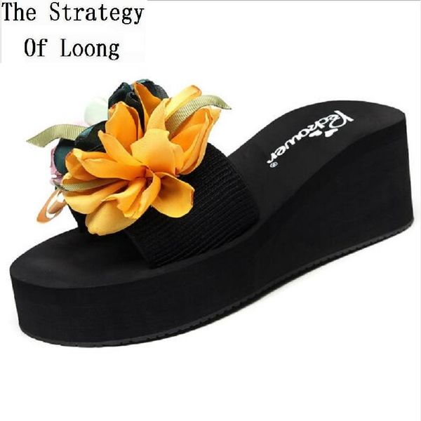 

new summer beach shoes flower fabric inside outside clip toe women slippers wedge heel antiskid sole women flip flops 20181225, Black