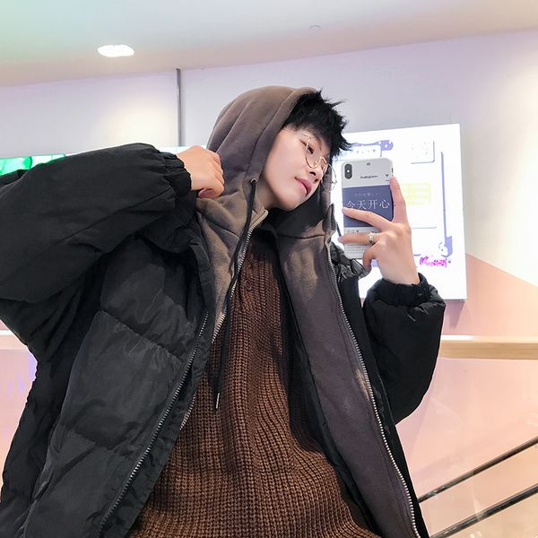

autumn 2019 new korean version of the loose thick warm fake two hooded long paragraph wild casual men's lapel cotton clothing, Black