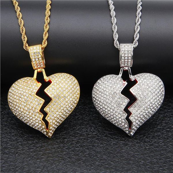 

stainless steel broken heart twisted chain couple necklace austrian diamond full rhinestone pendants necklaces for men women bling hip hop j, Silver