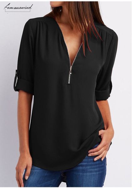 

shirts women summer blouses autumn v neck chiffon blouse women camisa feminina long sleeve black white ladies zipper shirt