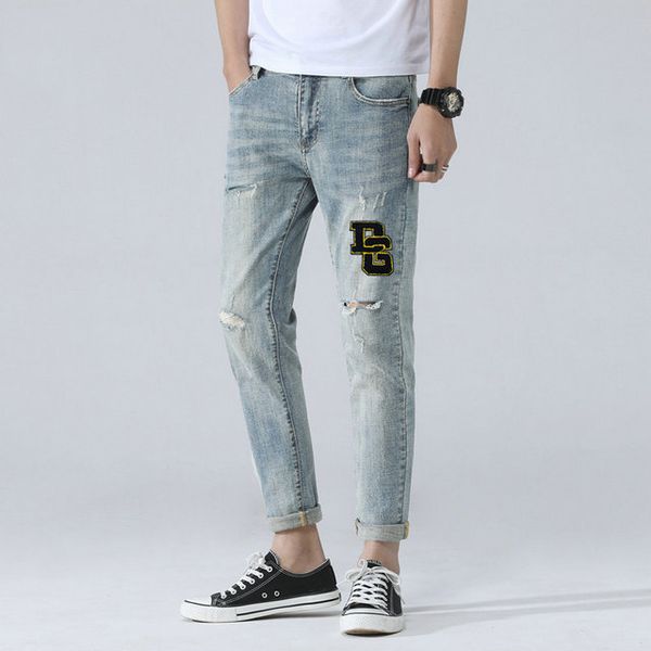

dg designer luxury men jeans tide brand boutique jeans street hip hop eye catching letters patch fashion hole slim fit light color pants, Blue