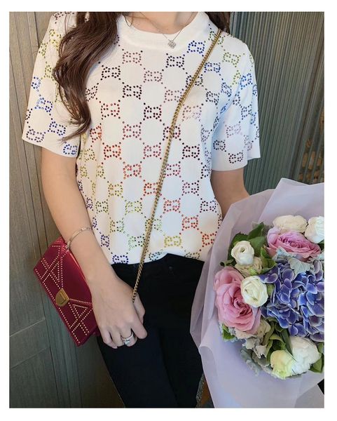 

женская одежда футболка лето 2020 бренд класса люкс топы бисероплетение оптовая западная белый черный бесплатная доставка, White