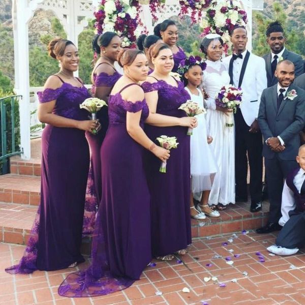 Roxo Africano Plus Size Vestidos de Dama de Honra Off The Ombro Spaghetti Correias Long Maid of Honor Dress Country Lace Wedding Guest Wear 2020