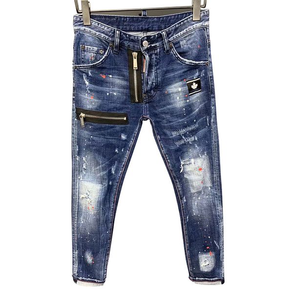 

star bag italian design jeans strong wear hole patch paint spot hip hop slim fit elastic pants waist soft d2 store qulity, Blue