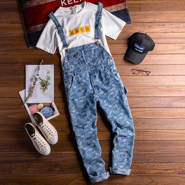 

hip-hop strap jean jumpsuits for mens loose suspender pants men jeans bib denim overalls boyfriend jumpsuits women, Blue