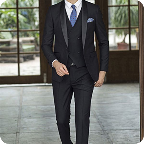 

skinny groom tuxedo custom made black men suits 2019 wedding groomsmen wear man blazers satin shawl lapel peaked lapel 3piece costume homme, Black;gray