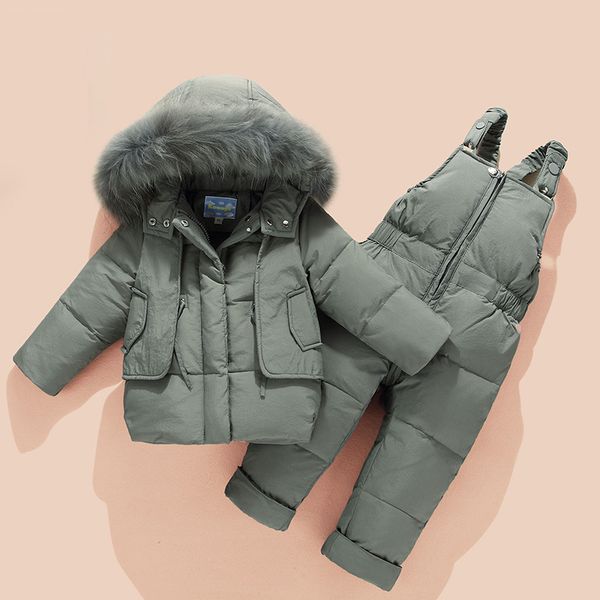 

30 degree russia winter children clothing sets for baby duck down jackets kids hooded coat + infant overall children snowsuit, White