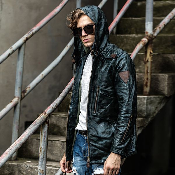 

2019 men's spring sheepskin suede coat designer motorcycle rider hooded jacket genuine leather brand male vintage classic jacket, Black