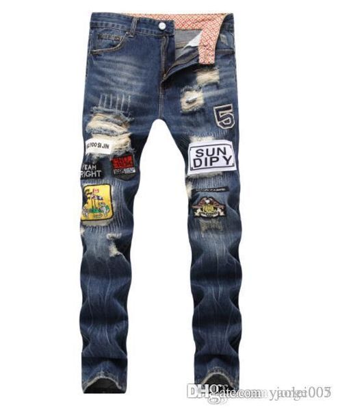 

2019 new europe and the united states men's non-stretch jeans foreign trade embroidery patch badge slim straight hole men's trouse, Blue