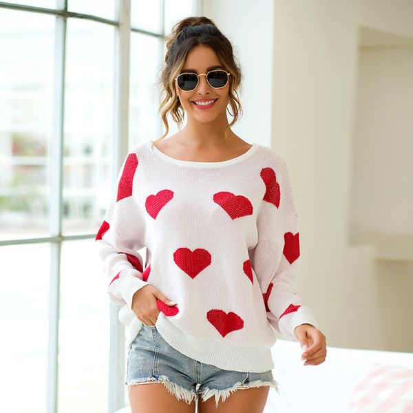 

elegant women loose knitted pullovers sweater hearts print open back long sleeves oversized casual autumn spring knitting top, White;black