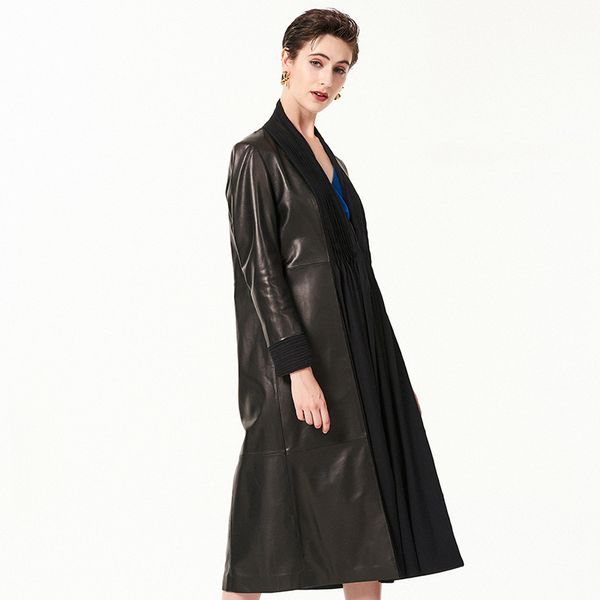 

spring genuine leather jacket women fashion v-neck slim x-long trench coat 2019 new arrival women's real sheepskin jacket, Black