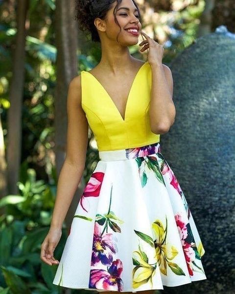

a-line v-neck short yellow sleeveless homecoming dress with pockets mini v-back graduation dresses for prom party custom made for girls, Blue;pink