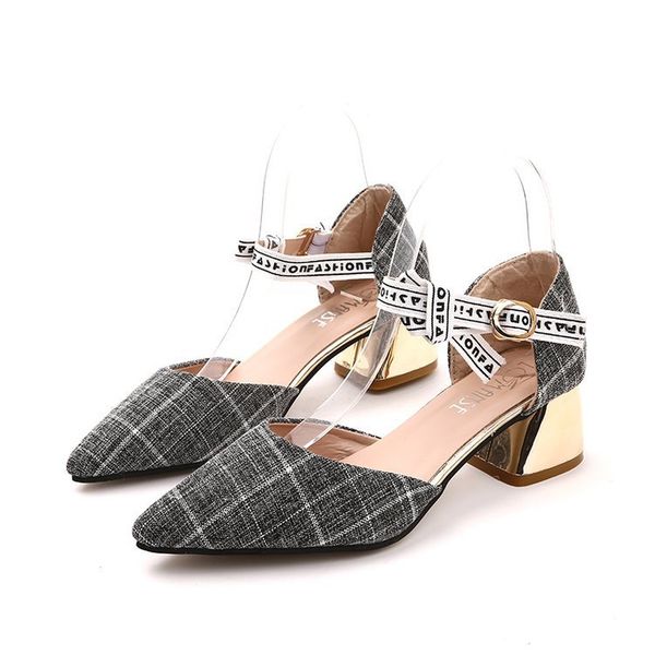 

2019 spring new style hipster plaid girl's pointed-toe high heel shoes chunky-heel sping sandal women's, Black