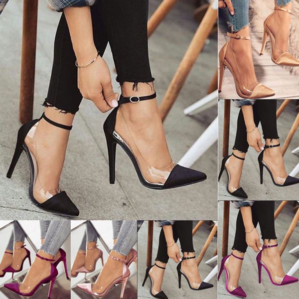 

high heel pointed matching belt buckle women's shoes, Black