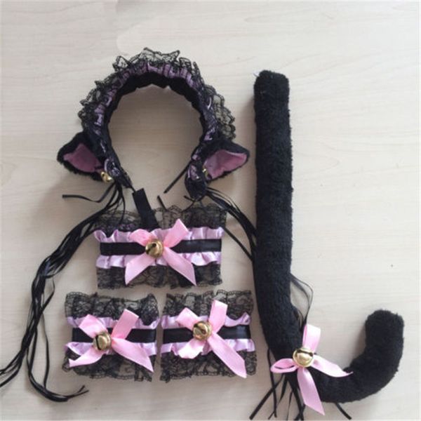 

bras sets 5pcs/set cat fur ears cosplay anime neko costume headband + tail wristbands, Red;black