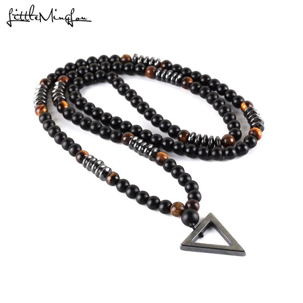 

2019 luxury long necklace tiger eye natural stone beads men's black hematite triangle pendants necklace geometry jewelry gift, Silver