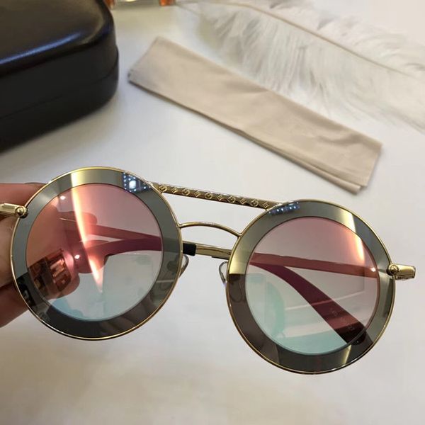 Großhandel - Markendesign 0908 Mode runde Sonnenbrille UV-Schutz Linsenbeschichtung Spiegellinse Rahmenloser farbplattierter Rahmen mit Box