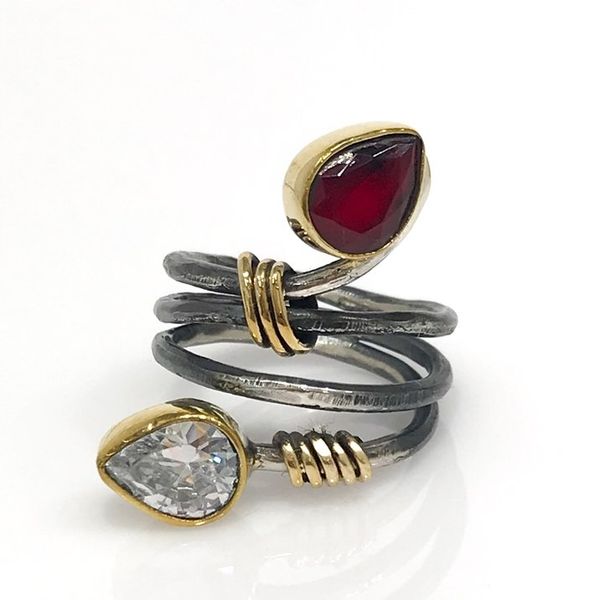 

stem ruby zircon cubic zirconia authentic handwork silver ring, Golden;silver