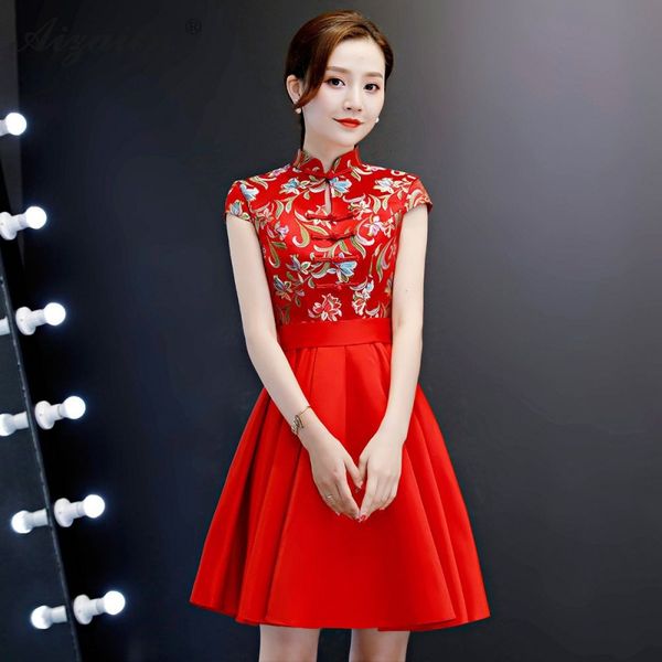 

red mini satin dress cheongsam modern chinoise evening dresses qi pao women traditional chinese clothing fashion short qipao